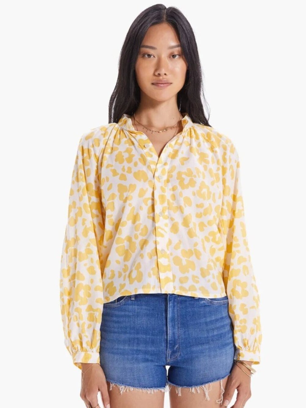 MOTHER Sunburst Yellow Leopard Floral Cotton Voile Puff Sleeve Blouse, Size L